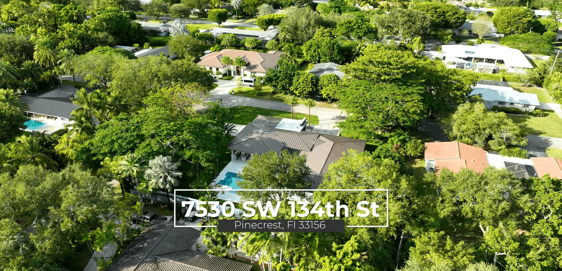 Aerial view of a lush suburban neighborhood with homes surrounded by trees.